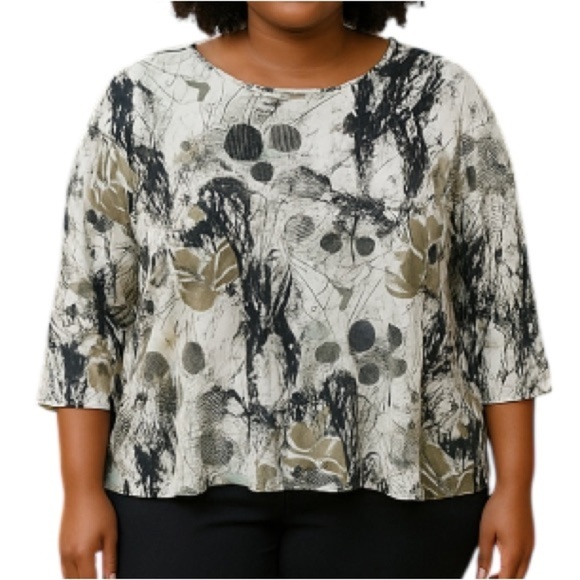 TanJay Abstract Print Relaxed Top Black White Taupe Long Sleeve Top Stretch 2X - Picture 1 of 10